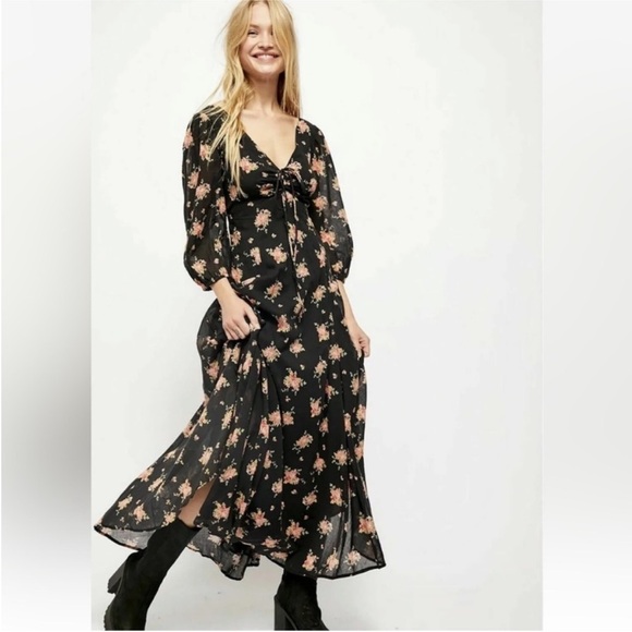 Free People Dresses & Skirts - Free People Sea Glass Black Floral Maxi Dress NWOT